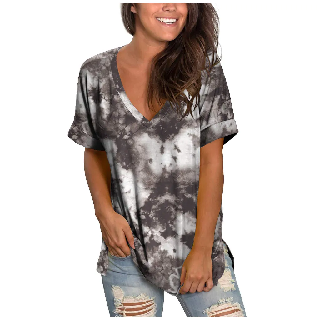

2021 Summer New Hot Women's Clothing Womens Fashion Plus Size Gradient Color V-neck Short Sleeve shirt Tops