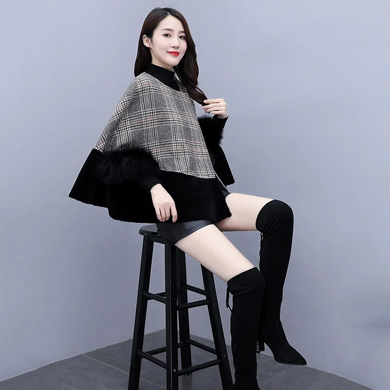 

Plaid short woolen coat for girls Korean loose woolen coat spring and winter cloak-style shawl
