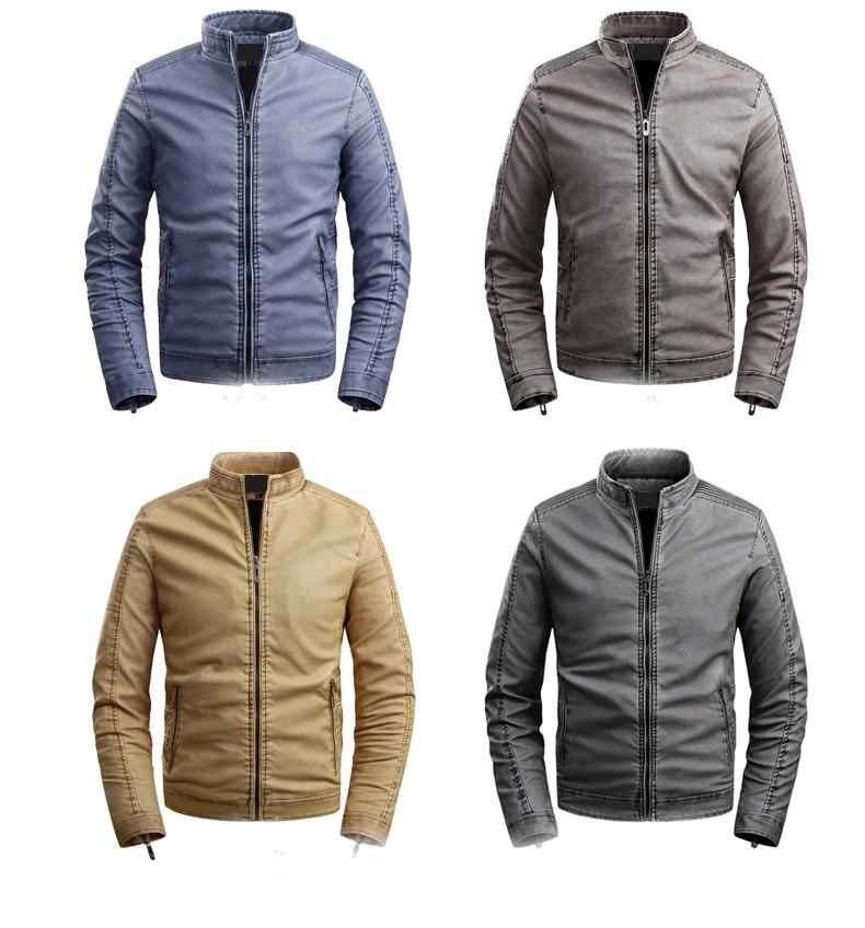 

iSurvivor 2021 Men's stand collar leather jacket plus velvet PU leather coat autumn and winter simple washed leather