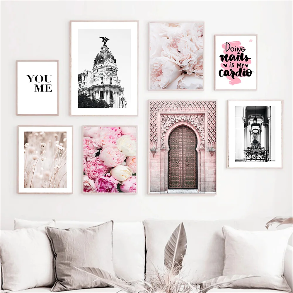 

Nordic Pink Flower Islamic Architecture Wall Art Poster Church Canvas Painting Quotes Art Print Modern Picture Living Room Decor