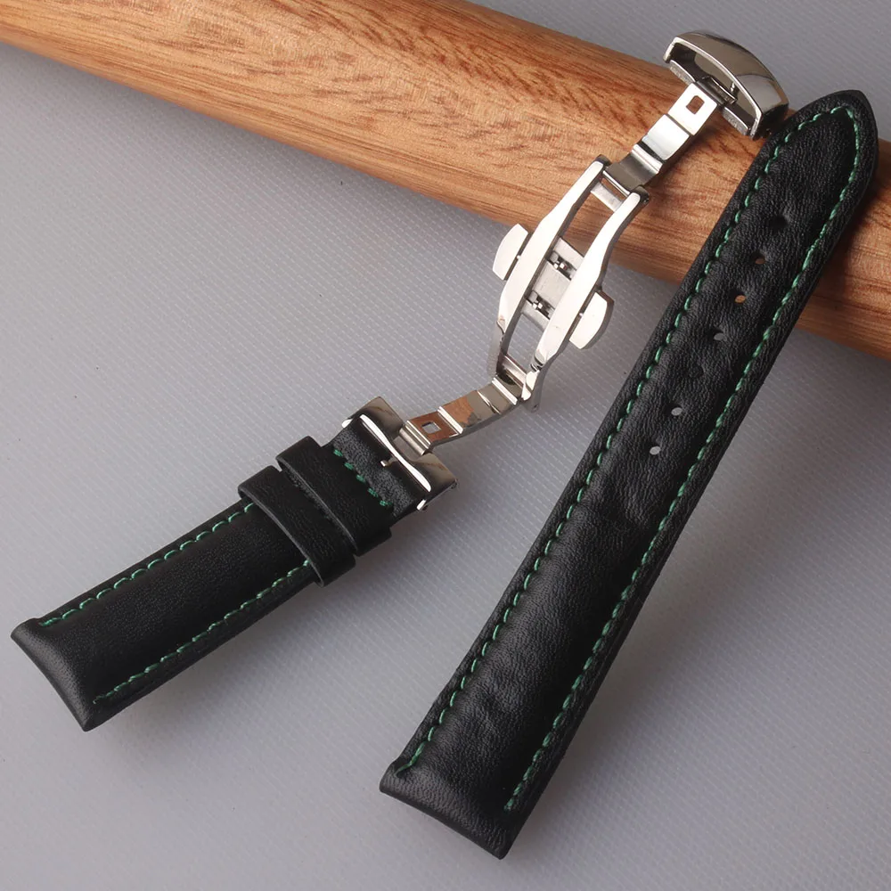 

Soft Leather With Green Lines Watchbands Genuine Leather watches accessories for brand 20mm Watch straps butterfly buckle clasp