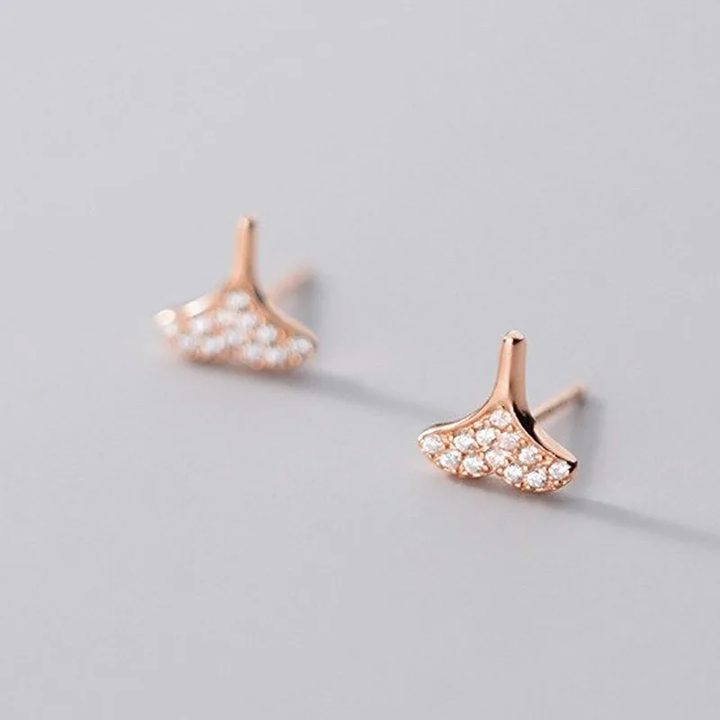 

A00223 Pretty CZ Mini Rose Gold Fish Tail Stud Earrings for Women Real 925 Sterling Silver Princess Wedding Jewelry