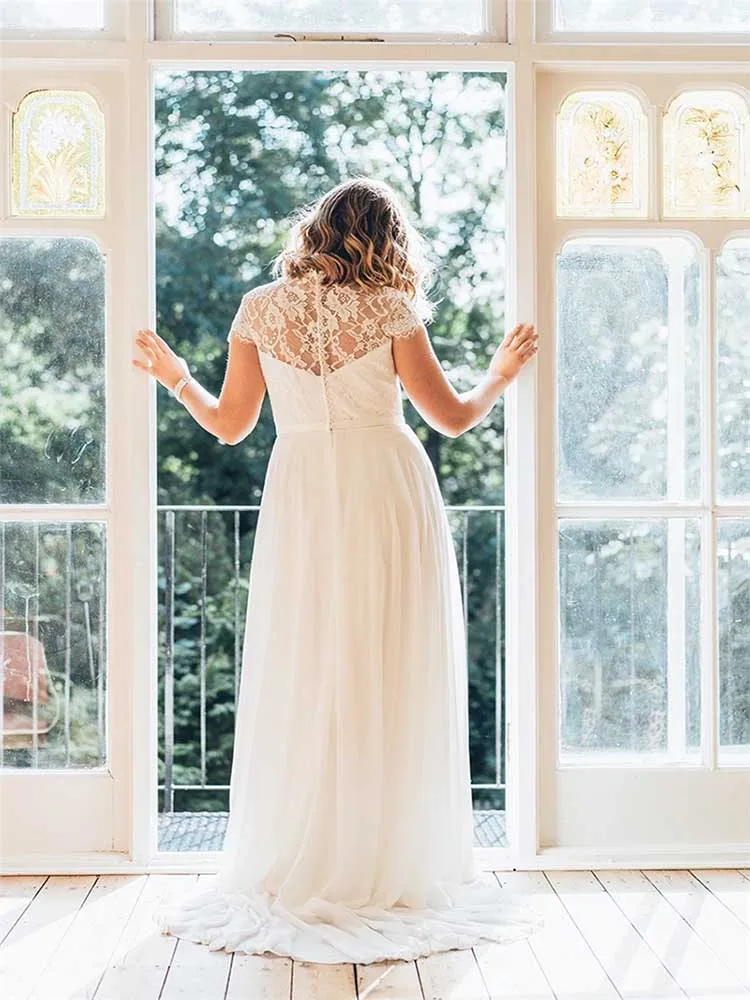 

Hi Shy Bride New Simple Wedding Dress Backless Sleeveless Design Chiffon Lace Bride Dresses Princess Dress Plus Size Tailor-made