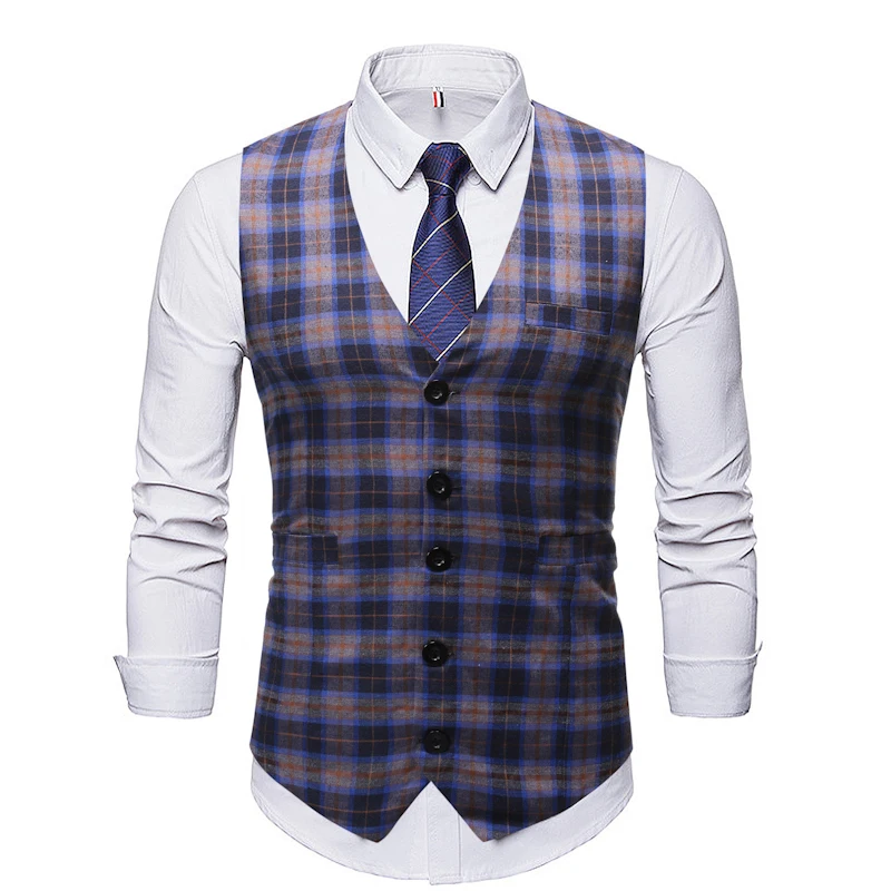 Мужской классический жилет в клетку приталенный двубортный деловой свадебный
