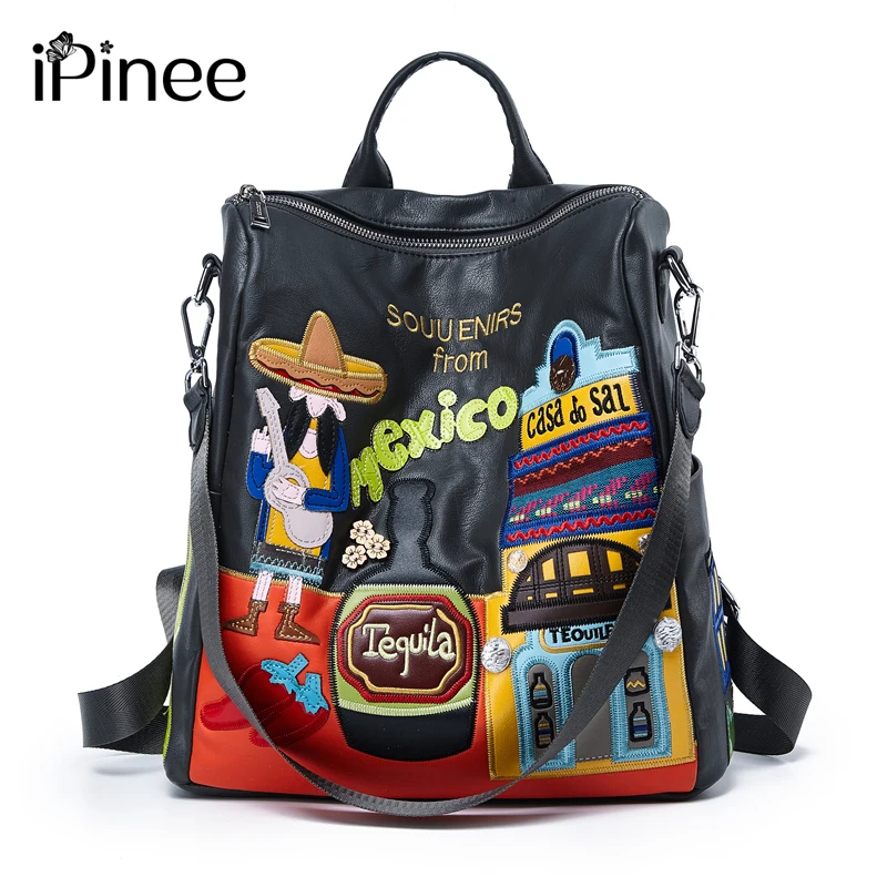 

Женский кожаный рюкзак iPinee, черные сумки Mochila Feminina, большой дизайнерский школьный дорожный портфель с мультипликационным рисунком для дево...
