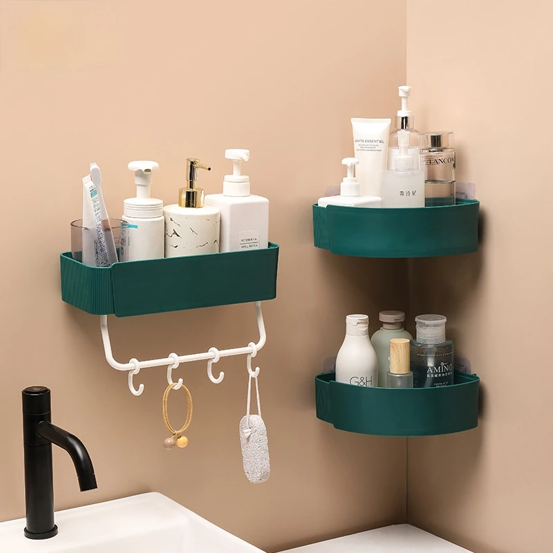 

Green Modern Bathroom Shelf Wall Mounted Plastic Shower Shampoo Holders Towel Bar Corner Storage Rack Kitchen Basket Organizer