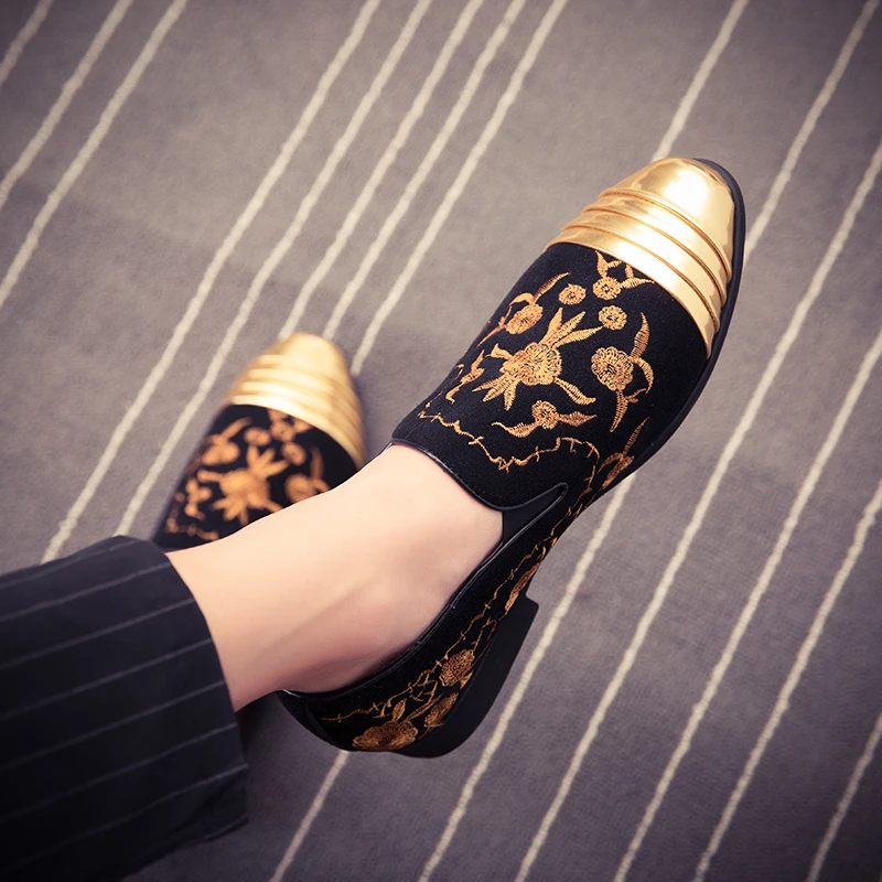 

New Fashion Gold Top and Metal Toe Men Velvet Dress shoes italian mens dress shoes Handmade Loafers Party Flats Zapatos Hombre