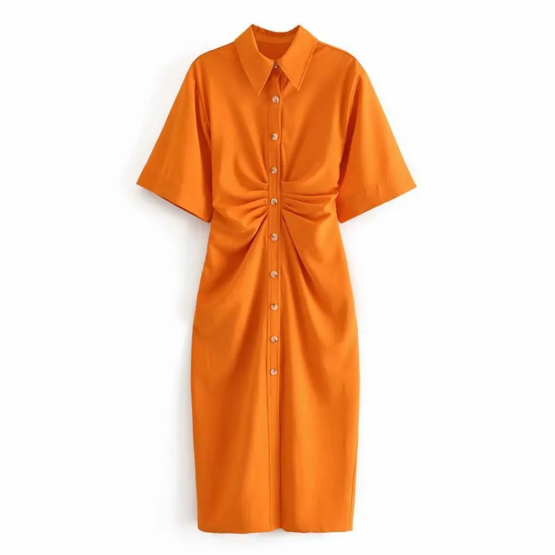 

2021 Women Fashion Button Up Draped Midi Shirt Dress Vintage Short Sleeve Side Zipper Female Dresses Summer Vestidos
