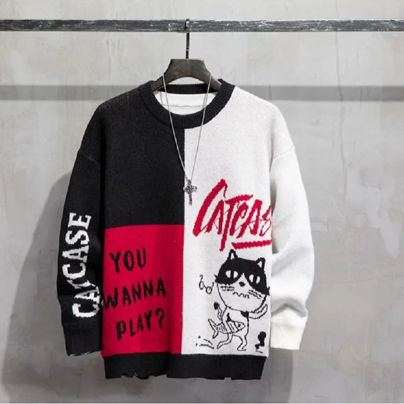

Autumn Winter Color Matching O-neck Sweater Boys Loose Cartoon Korean Version Ins Trend Personality Knit Sweater Sueter Hombre