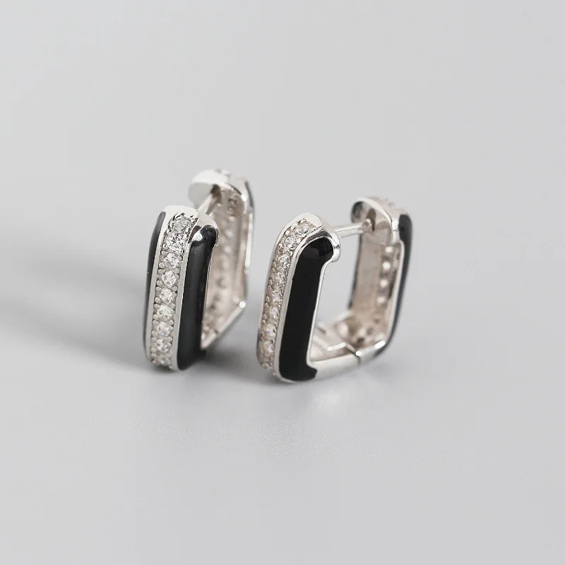 

Fengxiaoling 925 Sterling Silver Geometric Square Earrings For Women Multiple Zircons Black Small Hoop Earrings Ins Ear Jewelry