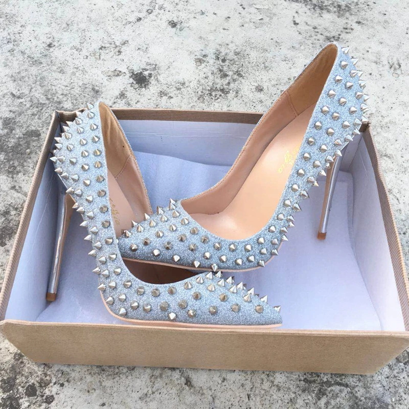 

100% high heeled ladies pumps Rivet pointed toe woman party shoes slip-on sliver color wedding shoes PU leather pumps