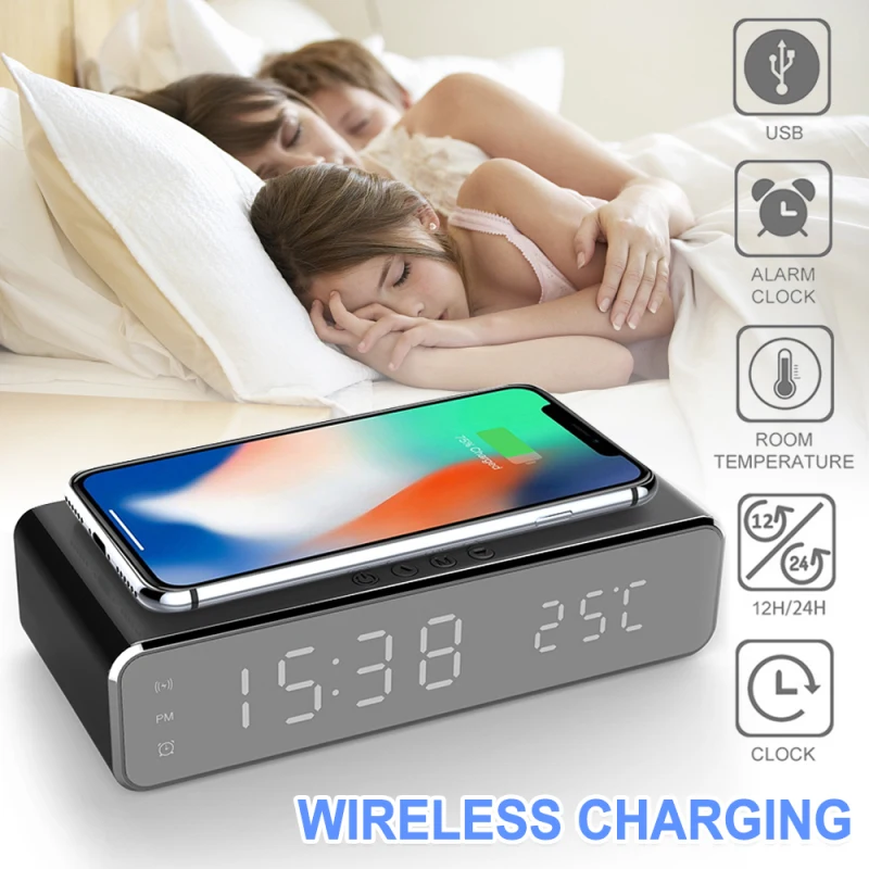 

Qi Wireless Phone Charger With LED Electric Alarm Clock Desktop Digital Thermometer Clock HD Clock Mirror For Iphone 12 Samsung