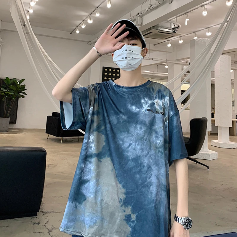 

Tie Dye Short Sleeve Men Tshirts Fashion Branded Summer Casual All-Match Loose Korean Style Couple Clothing Harajuku Streetwear