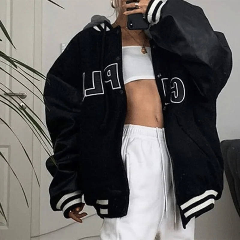 

Black Letter Printed Zip Up Sweatshirt Women Coat Winter Casual Loose Outerwear New Vintage Designer Fashion Oversized Plus Size