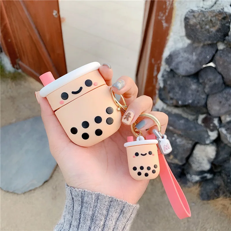 

Cute Boba Bubble Milk Tea Silicone Earphone Case For AirPods Pro 1 2 Wireless Bluetooth Headset Cover Accessories Pearl Keychain