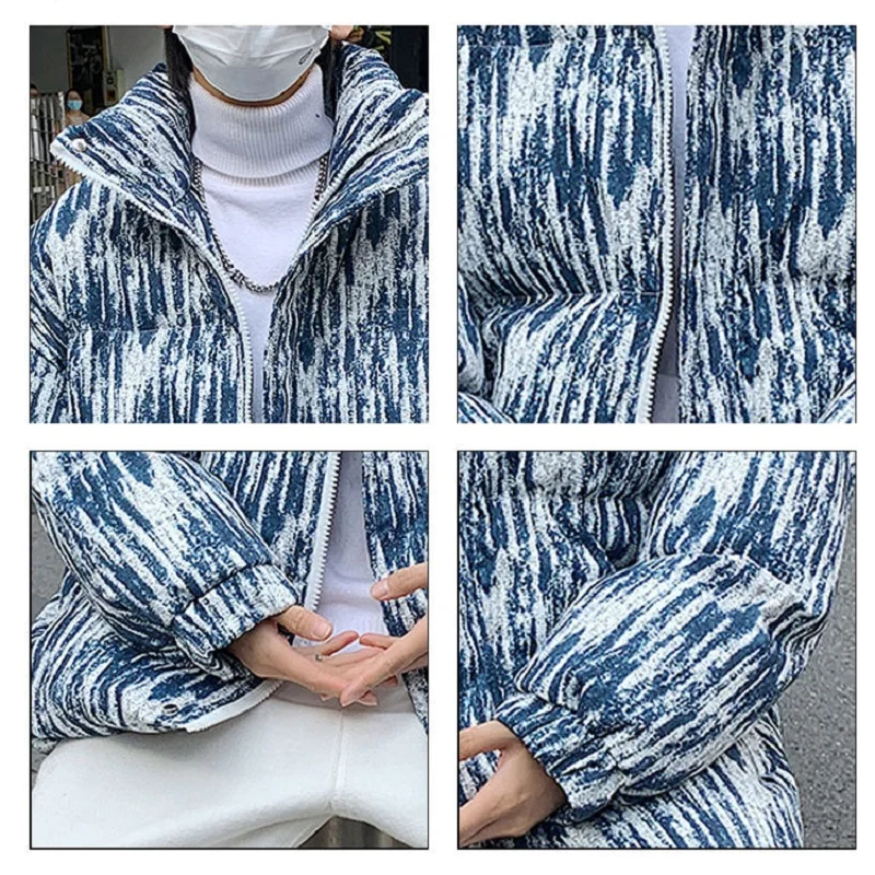 Men's Fashion Stand-up Collar Cotton-padded Jacket Thick Striped Tide Brand Ins Loose Bread Clothes Harajuku Winter Jacket Men