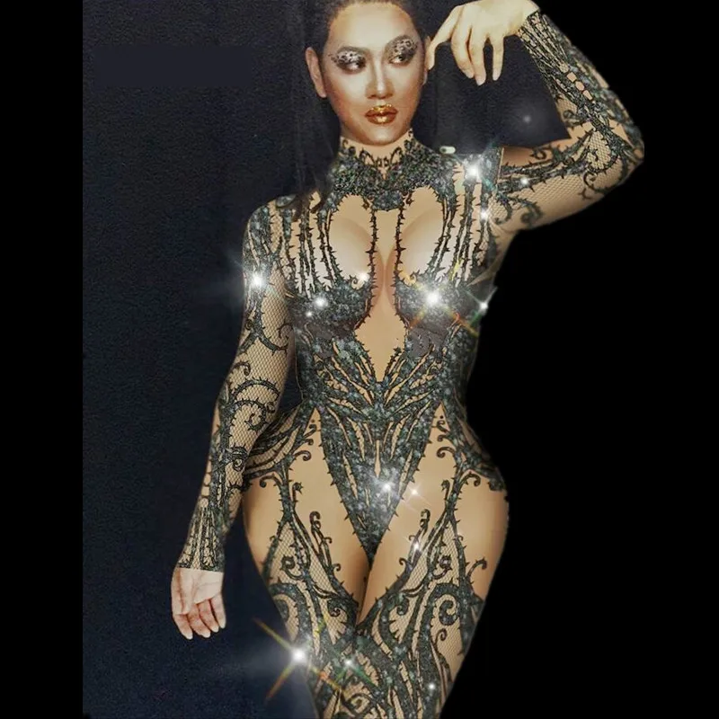 Женский черный облегающий комбинезон Стразы одежда для ночного клуба леггинсы