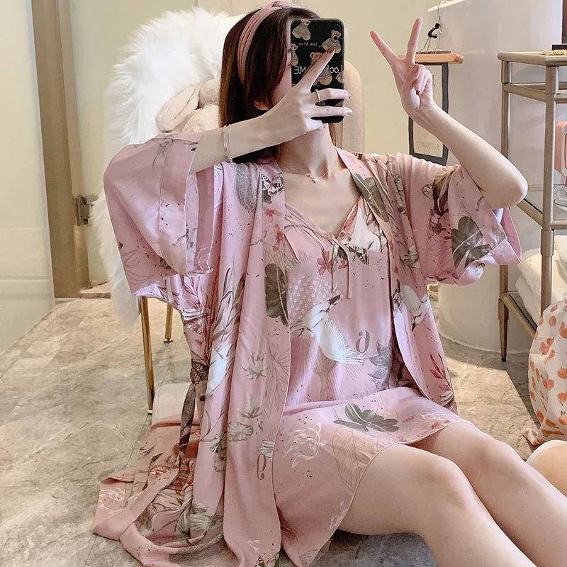 

Women's Nightgown Sexy Bathrobes Long-Sleeved Thin Rayon Suspender Skirt Set Women's Cotton Silk Robe Woman 2 Pieces