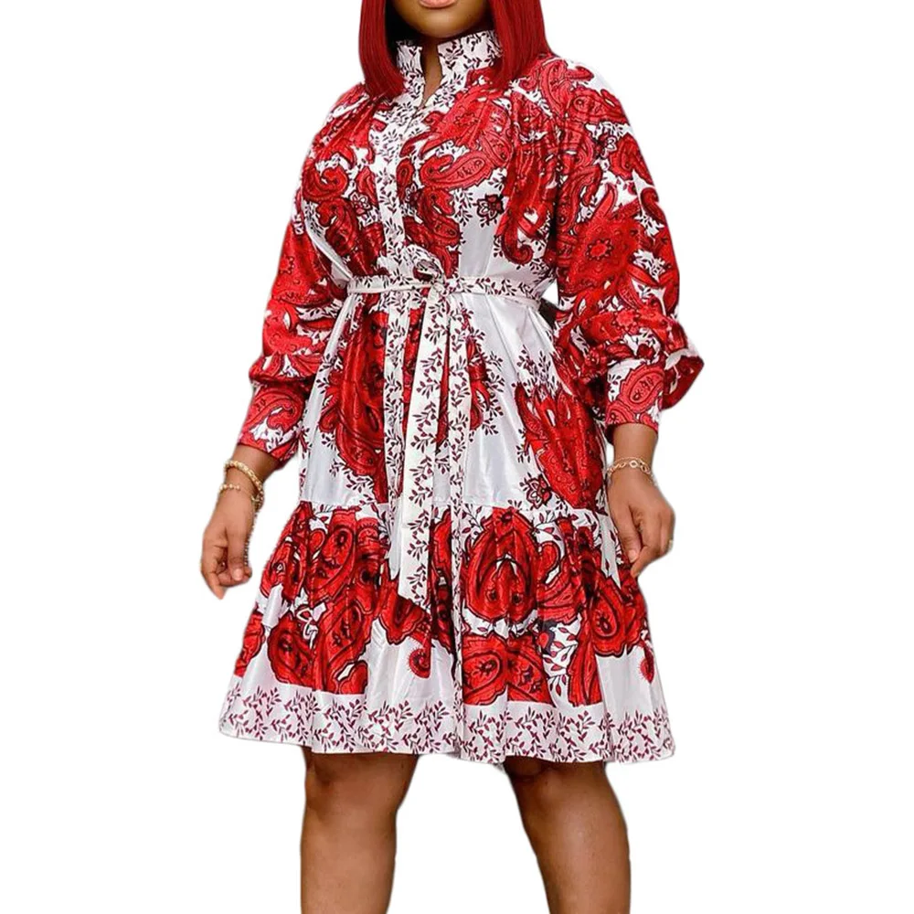 

Western Style Lady Dresses Spring Autumn New African Loose Casual Oversize Simple Draw Back Printing Stand-up Collar