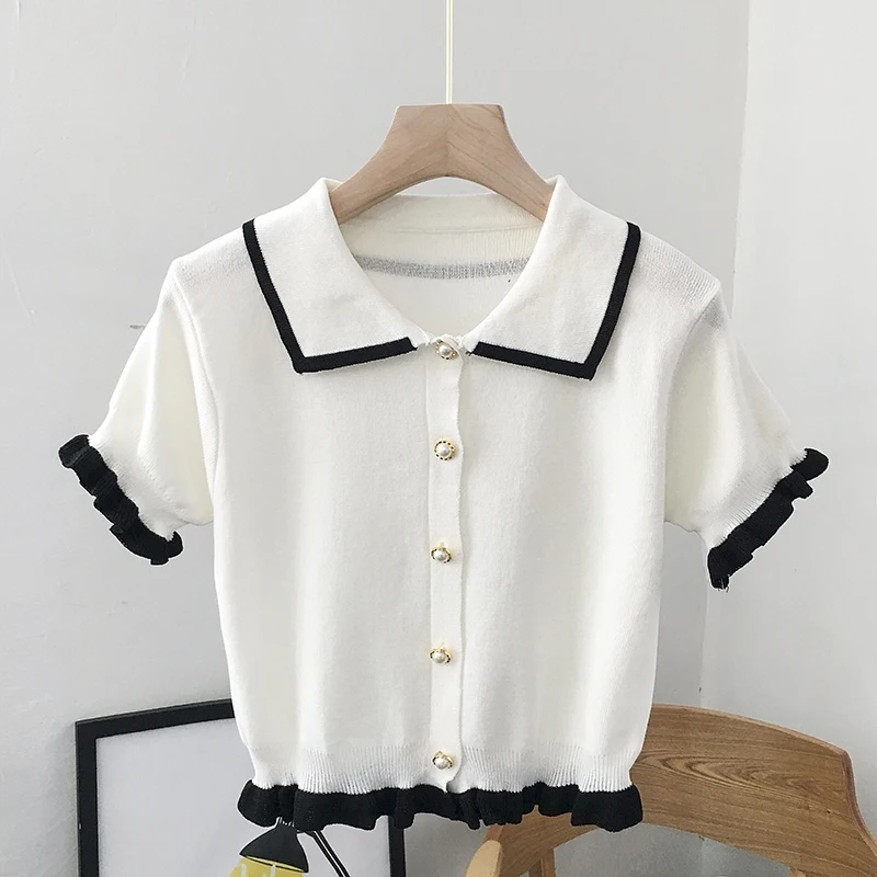 

Knitted Blouses Women Short Sleeve Crop Tops 2021 Summer Casual Single-Breasted Shirt Fashion Slim Tee Female