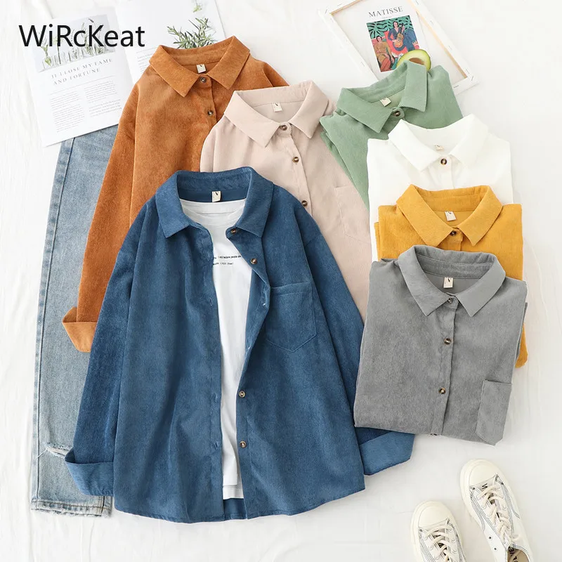 

WiRckeat Spring Women's Corduroy Blouse Shirt 2021 Candy Color Loose Women Shirts Blouses Corduroy TopsFor Women Retro Clothes