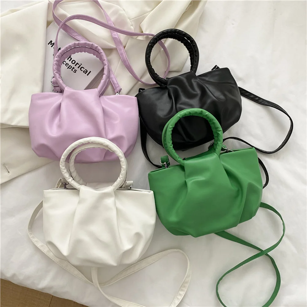 

Fashion Fold Cloud Shoulder Solid Color Messenger Bag Casual Ladies PU Leather Ring Handle Handbag