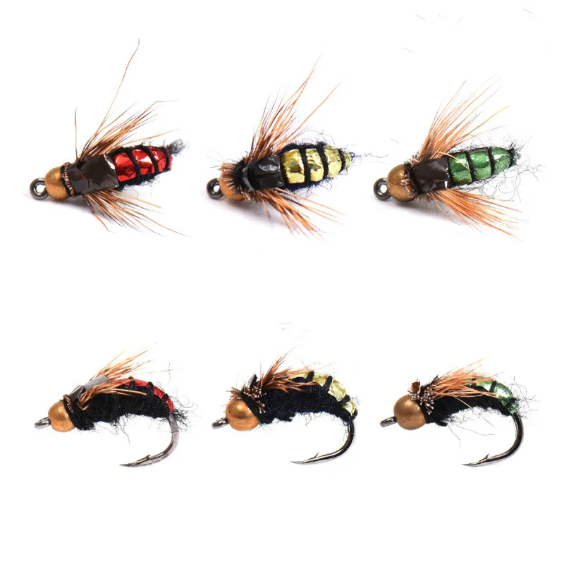 

8PCS #12 Hot Sale Brass Bead Head Fast Sinking Nymph Scud Fly Bug Worm Trout Fishing Flies Artificial Insect Fishing Bait Lure