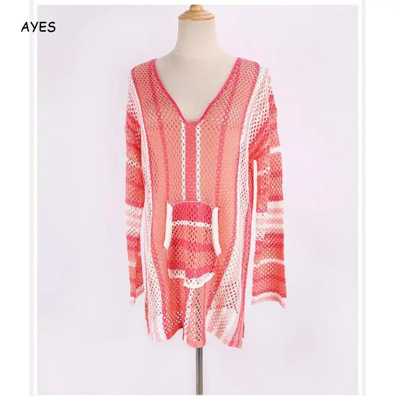 Бикини женское свободное в полоску накидка с V-образным вырезом и длинным рукавом