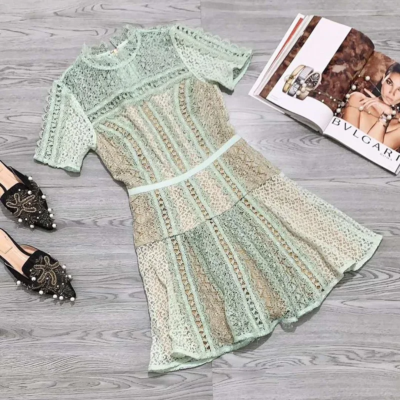 

High Quality 2020 Summer Women Hollow Out Lace Embroidery Short Sleeve Slim Fitted A-Line Sexy Club Dress Above Knee