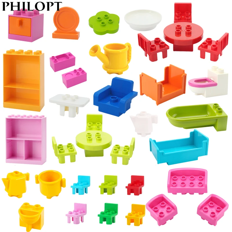 

Big Building Blocks Bathroom Kitchen Furniture Accessories Compatible Duplo Large Bricks Educational Diy Toy Children Kid Gifts
