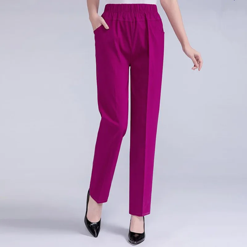 

New Spring Summer Women Thin Elastic Waist Casual Straight Pants Pantalones Mujer Female Solid Color Cotton Trousers s1712