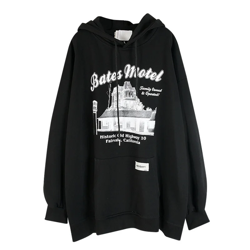 

IEQJ Black Loose Unisex Design Printed Casual Free Size Hooded Sweatshirt Coat New Women Fashion Tide Spring Autumn 2021 3F1878