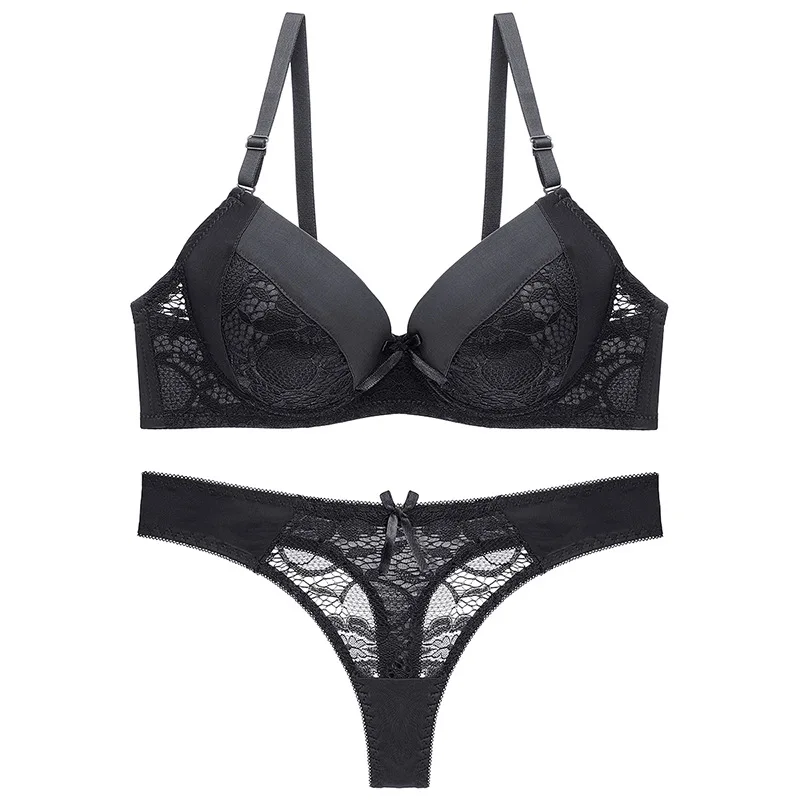 

Sexy Thong Bra Set Shaped Lace See-through Underwear Set Bra and Panty Set Adjusted-straps Deep V Three Quarters(3/4 Cup)