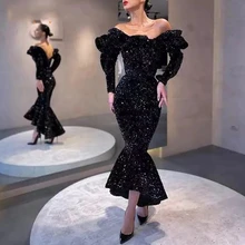 Robe de Cocktail de forme sirène, tenue de soirée noire Sexy à manches longues, style Vintage, paillettes scintillantes, célébrité  (3)