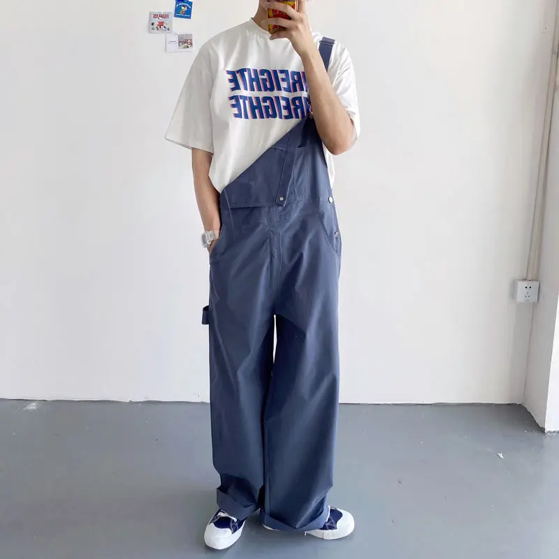 

KEMOY 2021 New Men Overalls Loose Straight Casual Women Pants Solid Color Japanese Style Suspender Trousers Male