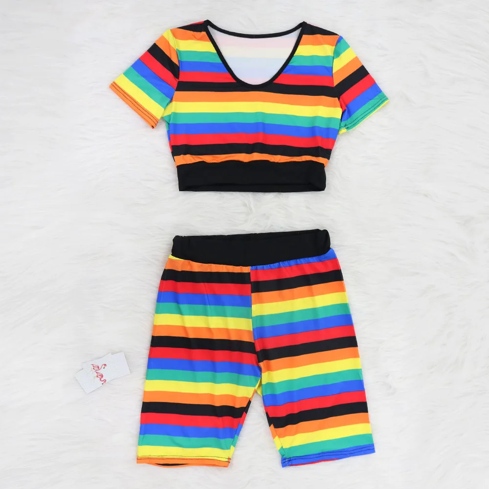 

Women Sets Striped Outfits 2 Piece Crop Top and Short Set Rainbow Conjunto Verano Two Piece Set Shorts Summer 2020 Crop Top Set