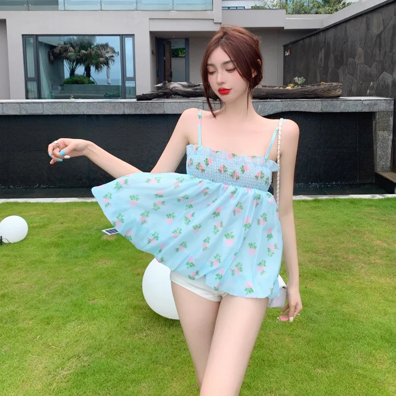 

Floral Flower Bud Waist Small Camisole Female Design Sense Outer Wear Casual Sweet Chiffon Printed Strap Tops Summer New