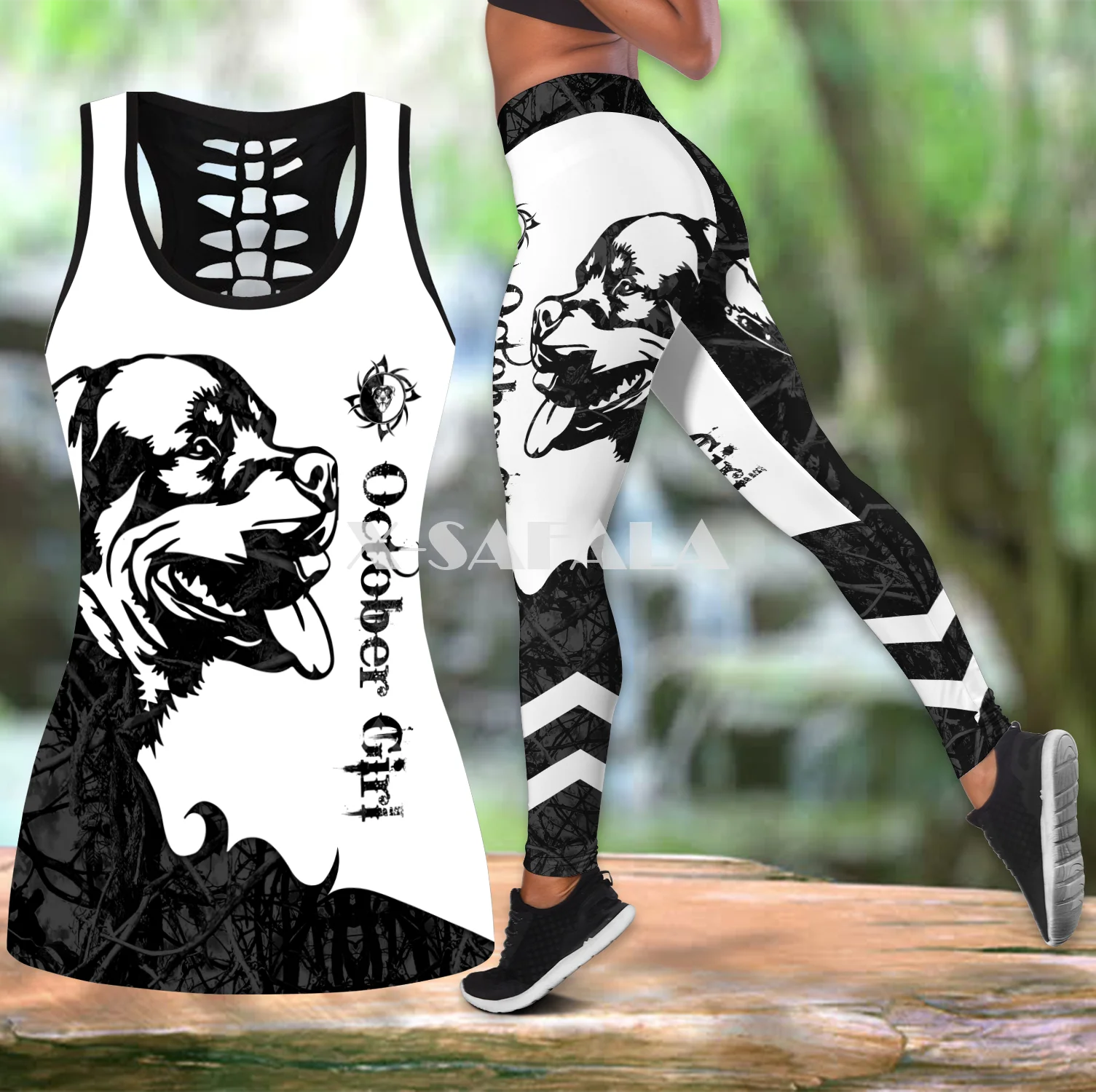 

Rottweiler October Girl Tattoo Two Piece Yoga Set Women 3D Print Vest Hollow Out Tank Top High Waist Legging Summer Casual Sport