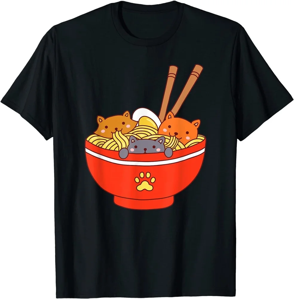 

2021 T Shirt Women Kawaii Summer Tops Graphic Tees Fashion Three Cute Kawaii Cats Eating Japanese Ramen Noodles Bowl T-Shirt