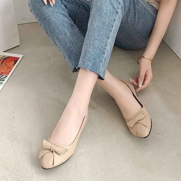 

2020 Women Low Heel Flat Heel Single Shoes Woman Bow Square Head Shallow Mouth Soft Soled Flats Shoes Thick Womens Shoes