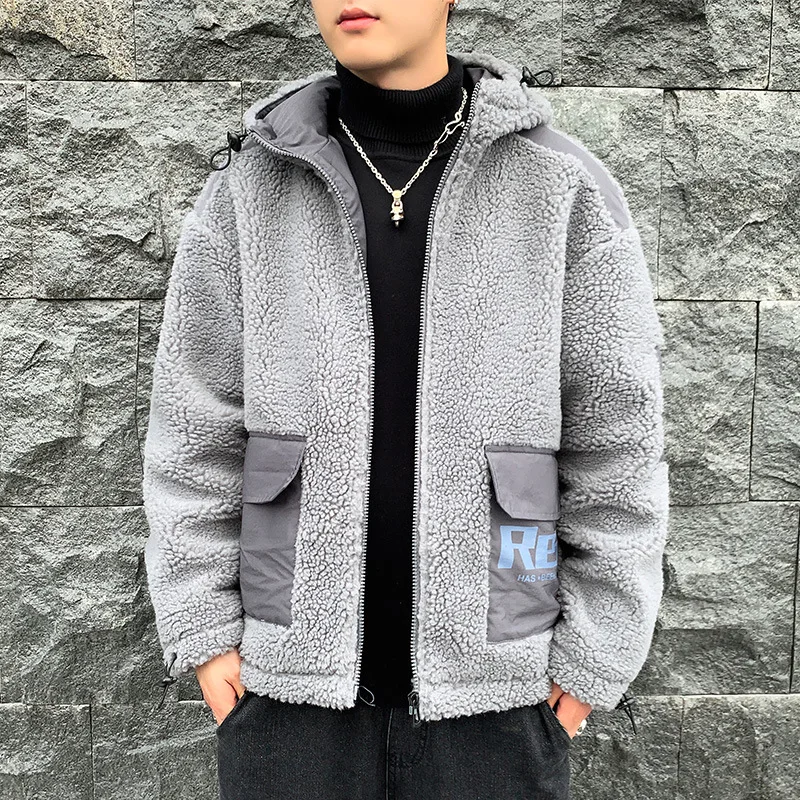New Winter Men's Fur Fleece New Fashion Coat Overcoat Male Lapel Warm Fluff Gray Zipper Hooded Jacket Outerwear Plus Size