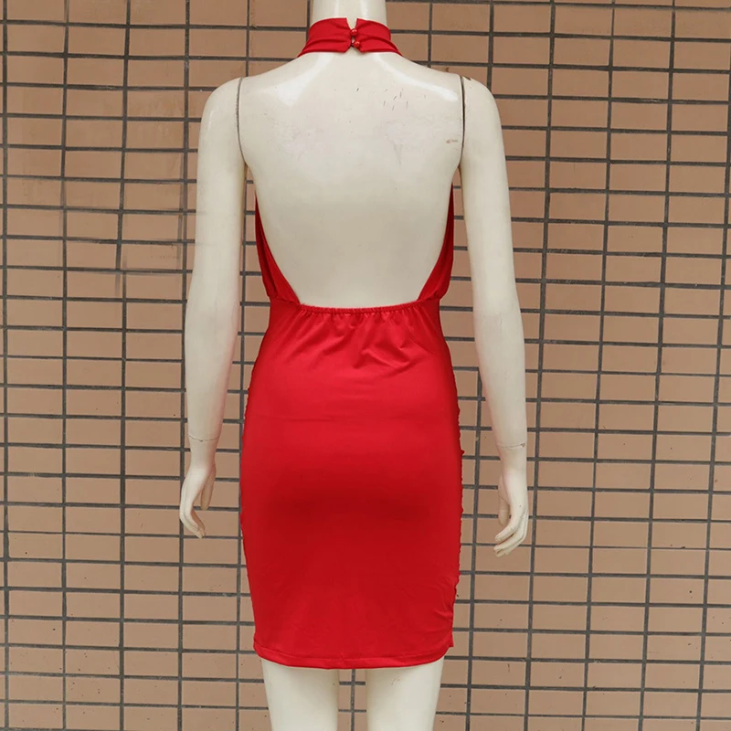 

Women Summer Sexy Dress Elegant Party Night Club Elegant Dresses Halter Neck Sleeveless Bodycon mini Dress Red