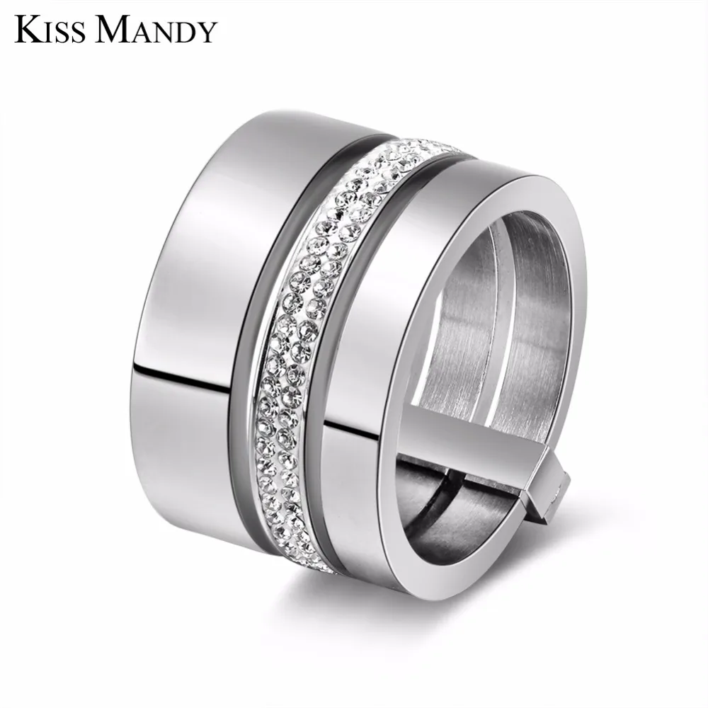 

KISS MANDY Punk Style Stainless Steel 3 Layer Rings for Women Men Rhinestone Jewelry Wedding Engagement Ring FR86
