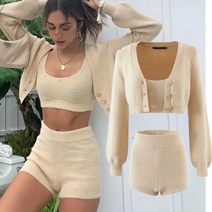 

Maxdutti Ins модные шорты для женщин блоггеры винтажный вязаный кардиган Swaeter короткий топ камзол и Трикотажные бермуды наборы для женщин
