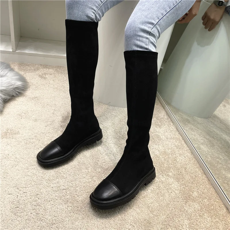 

Women Long Boots Black Platform Shoes High Boots Sock Knee High Boot Stretch Stockings Booties 2021 Winter Warm Flock Botas Heel