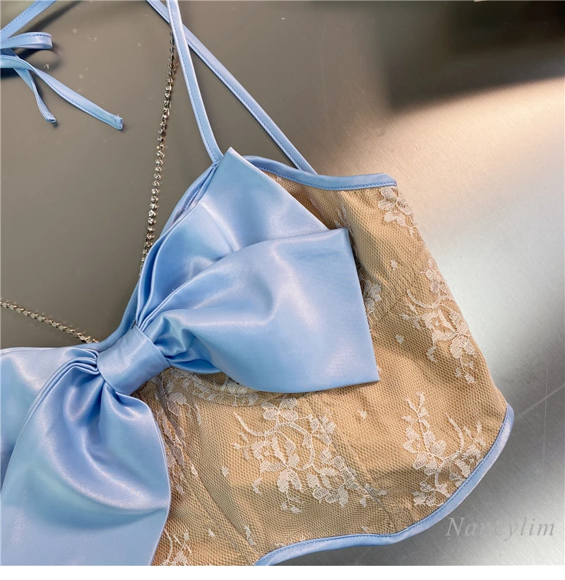 

2021 Summer New Korean Style Sweet Satin Bow Rhinestone Chain Short Camisole Tanks Female Sexy Top