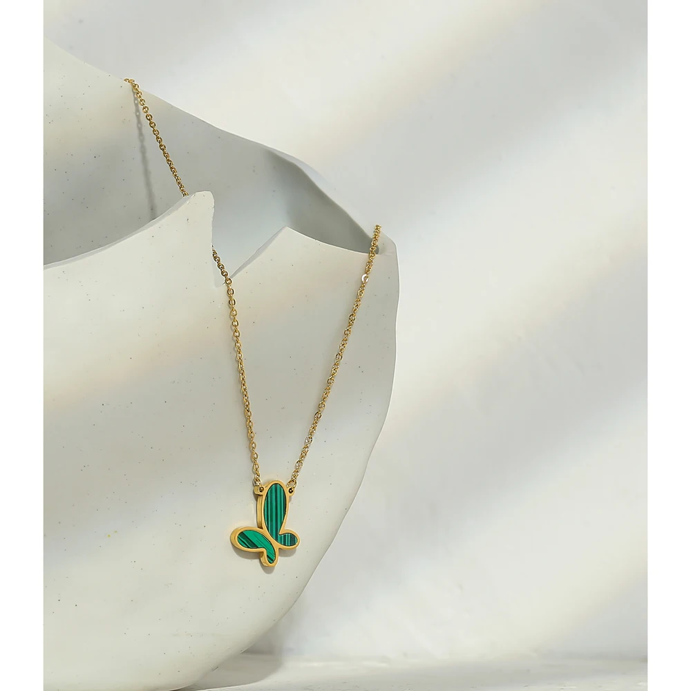 YHpup Green Butterfly Stainless Steel Pendant Necklace Gold Fashion 316 for Women Malachite Stone Charm Collar Jewelry | Украшения и