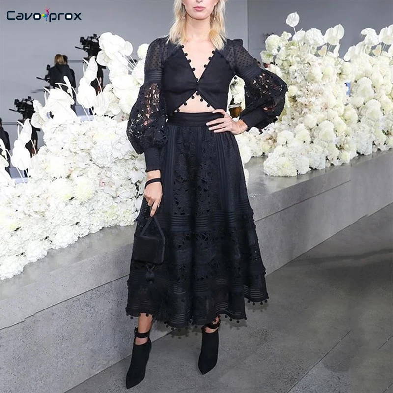Women Two Piece Matching Sets Elegant Long Sleeve Plunge V-neck Short Top& Ankle-Length Tassel Design Fashion Skirt - Цвет: Черный