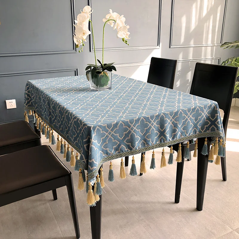 

European Style Luxury Table Cloth Tassel Blue Elegant Flowers Table Cloth Party Modern Art Mantel Mesa Table Decoration