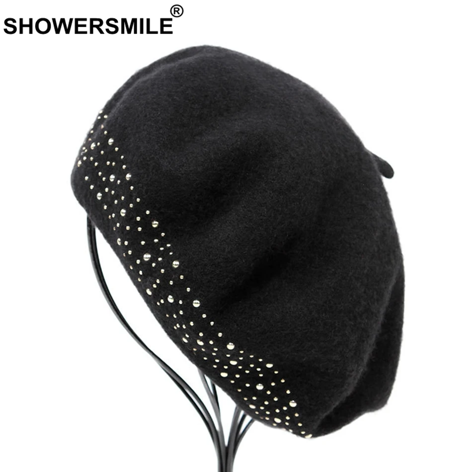 

Black Beret For Woman Woolen Artistic Hats Ladies Rivet Fashion Soft French Berets Female Wool Winter Painters Caps